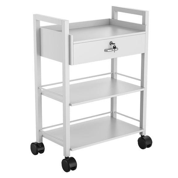 Salon Trolley Cart, Wooden Mobile Utility Cabinet Lab Cart with 1 Drawer 2 Trays, Rolling Storage Station Beauty Salon Rolling Trolley for Beauty Spa (White)