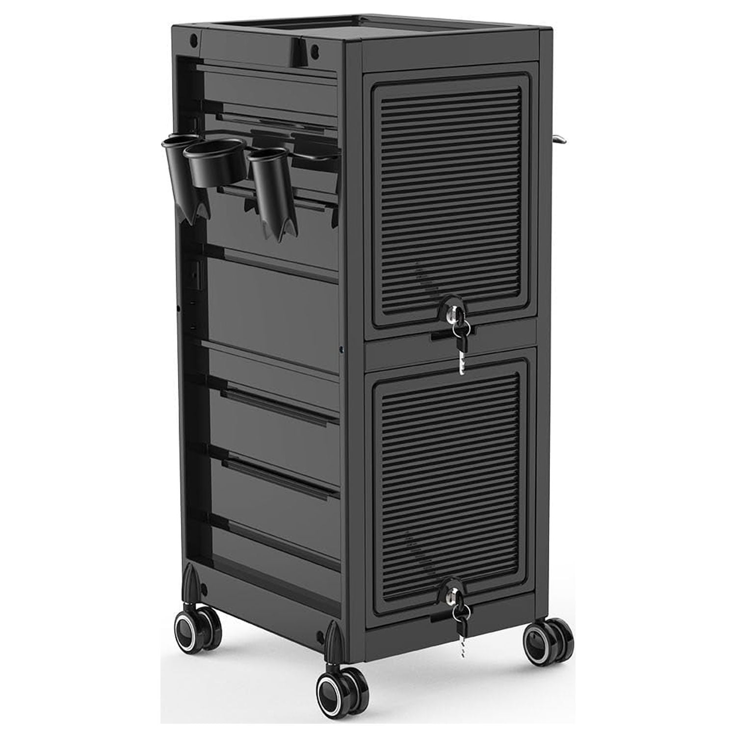 Black Lockable Salon Trolley Cart with 6 Drawers and Tool Holders