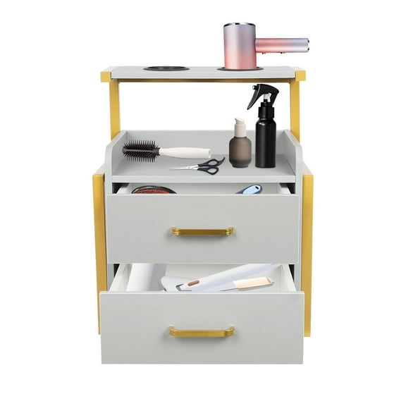 Salon Wall Cabinet with 2 Drawers, Wall Mounted Salon Storage Organizer with Hair Dryer Holder, Hair Station for Beauty Spa Barbershop (Gold+ Gray)