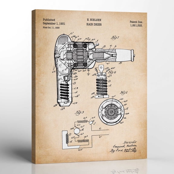 Salon Wall Decor, Salon Décor for Hair Stylist, Hair Dryer Patent Canvas Print , Ready To Hang for Living Room Home Wall Art, C2500b-16x20