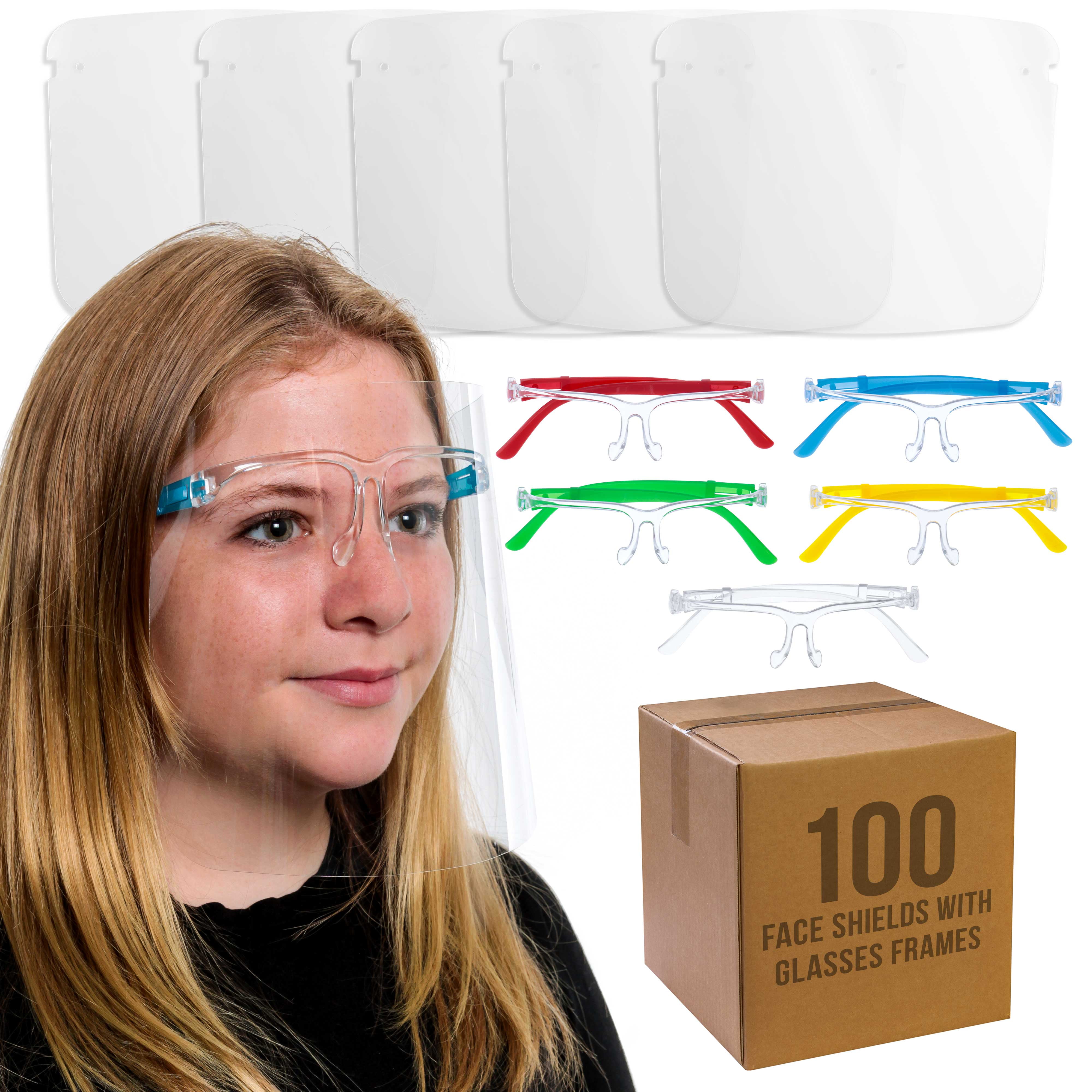 Salon World Safety 100 Kids Face Shields with Glasses Frames (20 Packs of 5) - 5 Colors, 20 Each - Protective Children's Full Face Shields to Protect Eyes Nose Mouth - Anti-Fog PET Plastic