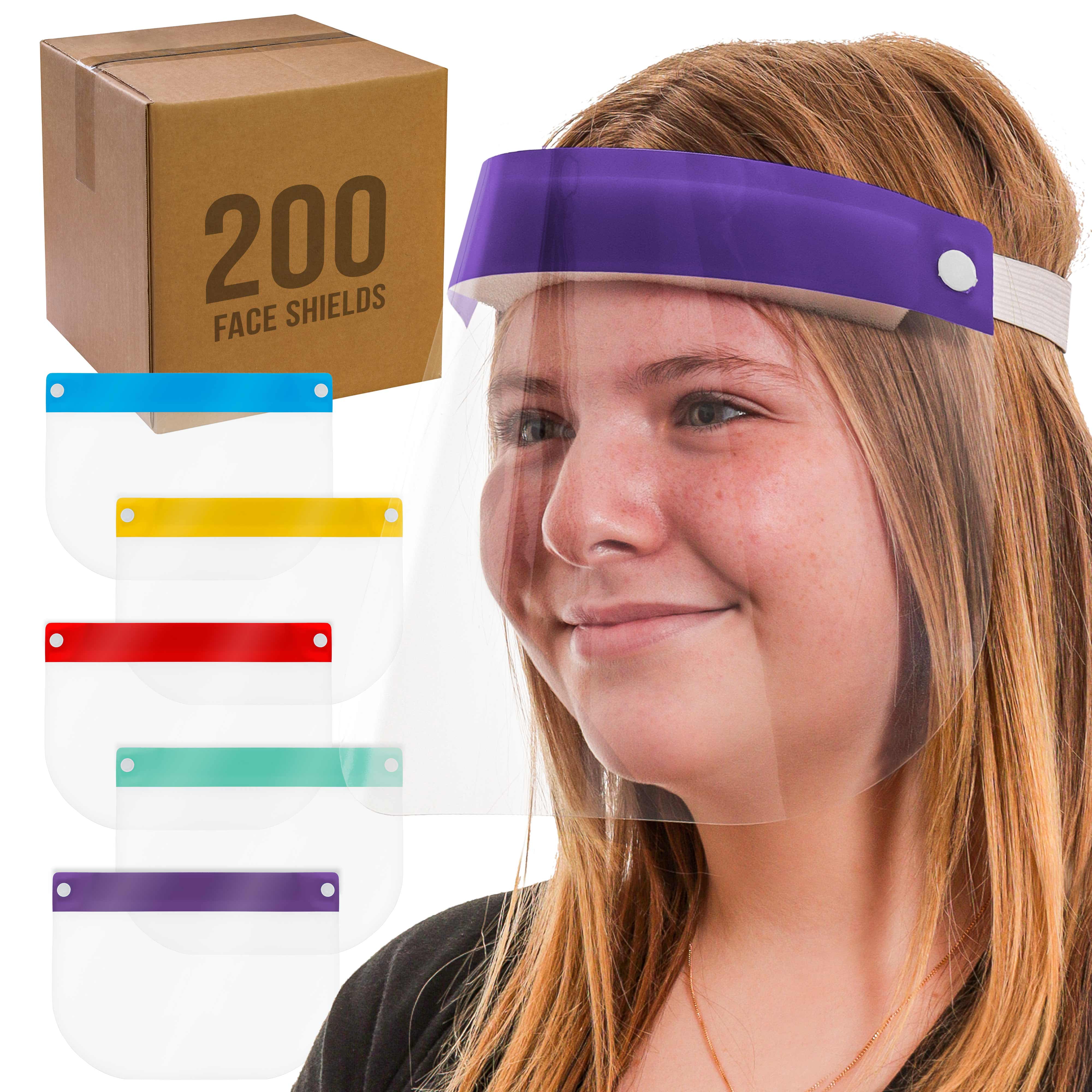 Salon World Safety 200 Kids Face Shields (20 Packs of 10) - 5 Colors, 40 of Each - Clear Protective Children's Full Face Shields to Protect Eyes, Nose Mouth - Anti-Fog PET Plastic, Headband