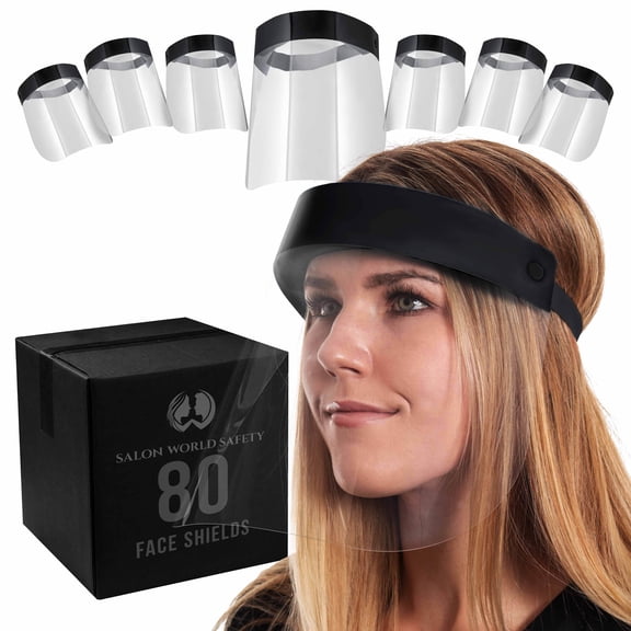 Salon World Safety 80 Black Face Shields (20 Packs of 4) - Ultra Clear Protective Full Face Shields to Protect Eyes, Nose and Mouth - Anti-Fog PET Plastic, Elastic Headband