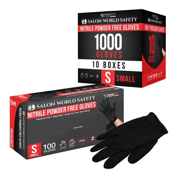 Salon World Safety Black Nitrile Disposable Gloves, 10 Boxes of 100, Size Small, 4.0 Mil Thick - Latex Free, Powder Free, Textured Tips, Food Safe, Comfortable, Extra-Strong Protective Working Gloves