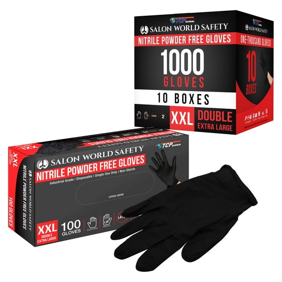 Salon World Safety Black Nitrile Disposable Gloves, 10 Boxes of 100, Size XX-Large, 4 Mil Thick - Latex Free, Powder Free, Textured Tips, Food Safe, Comfortable, Extra-Strong Protective Work Gloves