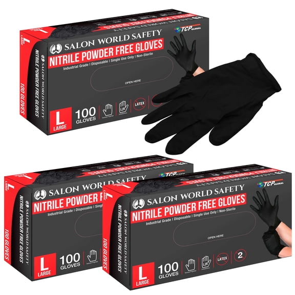 Salon World Safety Black Nitrile Disposable Gloves, 3 Boxes of 100, Size Large, 4 Mil Thick - Latex Free, Powder Free, Textured Tips, Food Safe, Comfortable, Extra-Strong Protective Working Gloves