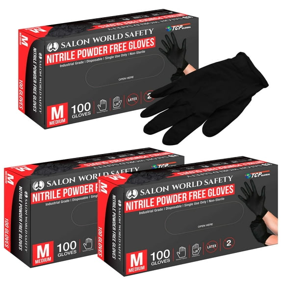 Salon World Safety Black Nitrile Disposable Gloves, 3 Boxes of 100, Size Medium, 4 Mil Thick - Latex Free, Powder Free, Textured Tips, Food Safe, Comfortable, Extra-Strong Protective Working Gloves