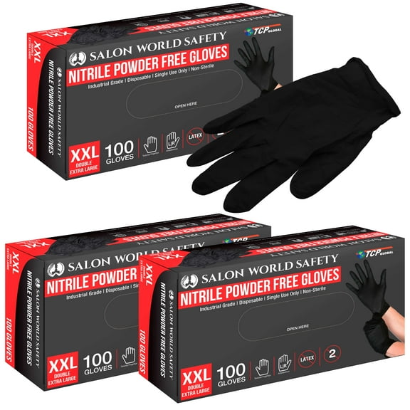 Salon World Safety Black Nitrile Disposable Gloves, 3 Boxes of 100, Size XX-Large, 4 Mil Thick - Latex Free, Powder Free, Textured Tips, Food Safe, Comfortable, Extra-Strong Protective Working Gloves