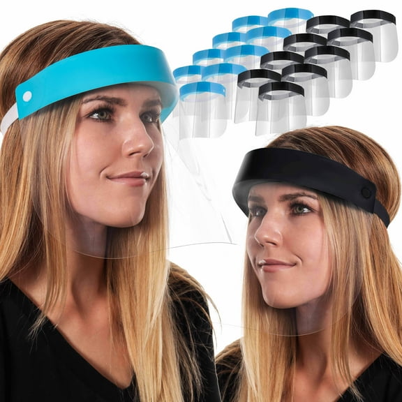 Salon World Safety Face Shields (100-Black & 100 Blue) - Ultra Clear Protective Full Face Shields to Protect Eyes, Nose and Mouth - Anti-Fog PET Plastic, Elastic Headband - Sanitary Droplet Guard