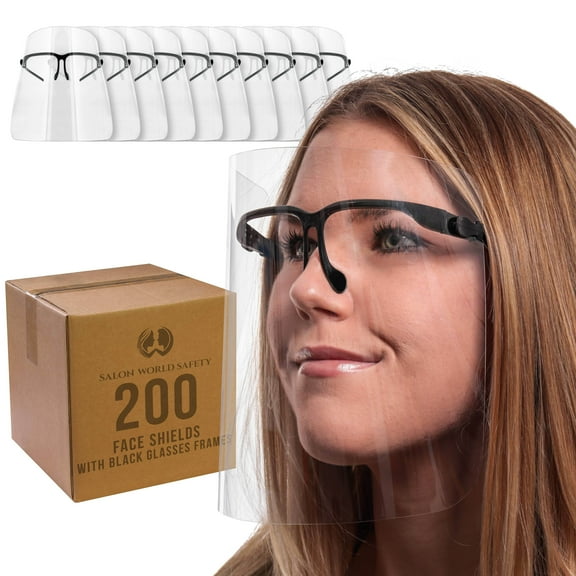 Salon World Safety Face Shields with Black Glasses Frames (20 Packs of 10) - Ultra Clear Protective Full Face Shields to Protect Eyes, Nose, Mouth - Anti-Fog PET Plastic, Goggles