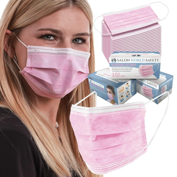 Salon World Safety Pink Masks - Bulk 3 Boxes (150 Masks) in Sealed Dispenser Boxes of 50 - 3 Layer Disposable Protective Face Masks with Nose Clip & Ear Loops - 3-Ply Non-Woven Fabric, Safe