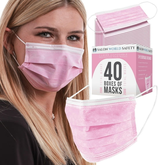 Salon World Safety Pink Masks - Bulk 40 Boxes (2000 Masks) in Sealed Dispenser Boxes of 50 - 3 Layer Disposable Protective Face Masks with Nose Clip & Ear Loops, Safe 3-Ply Non-Woven Fabric