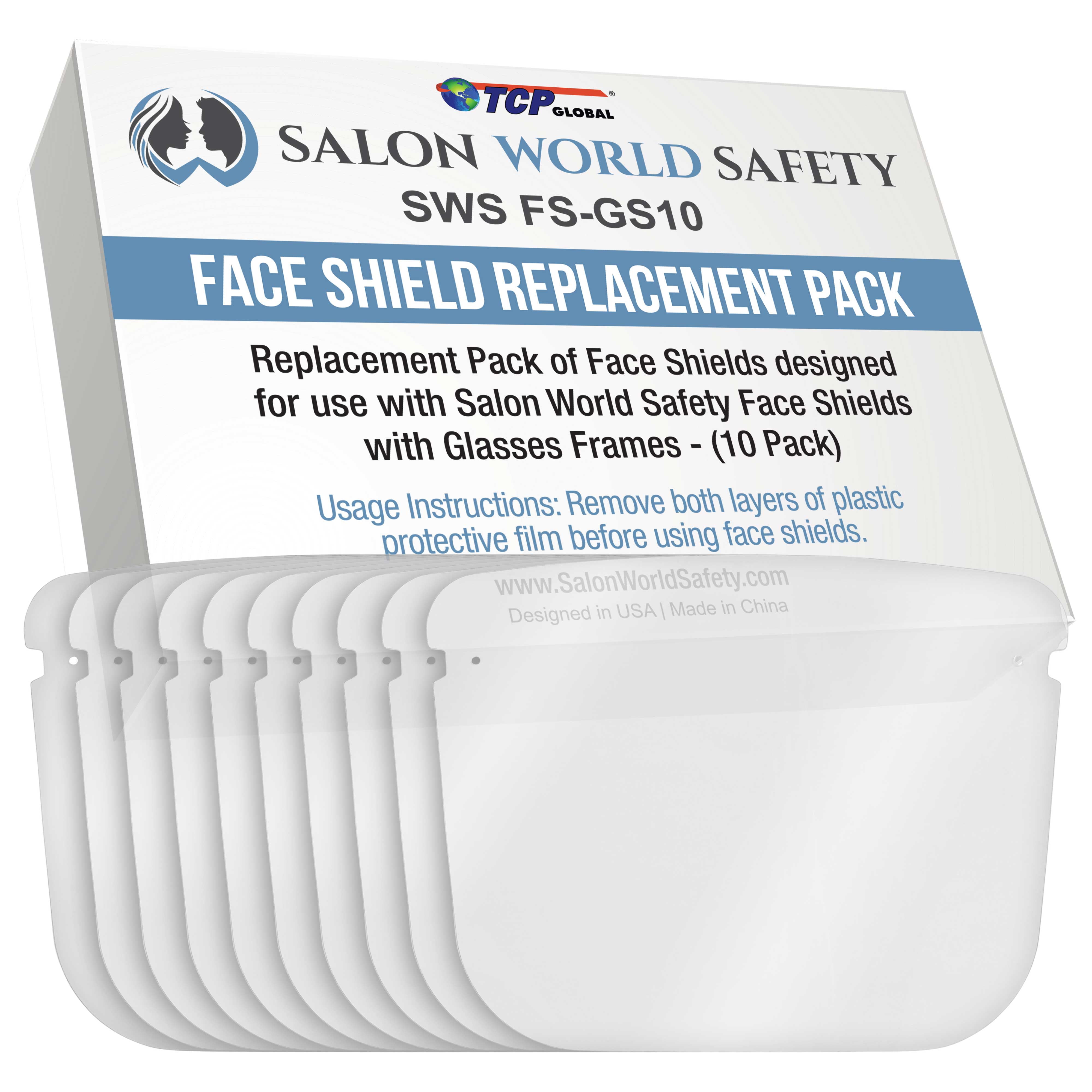 Salon World Safety Replacement Face Shields Only (10 Pack), Glasses Not Included