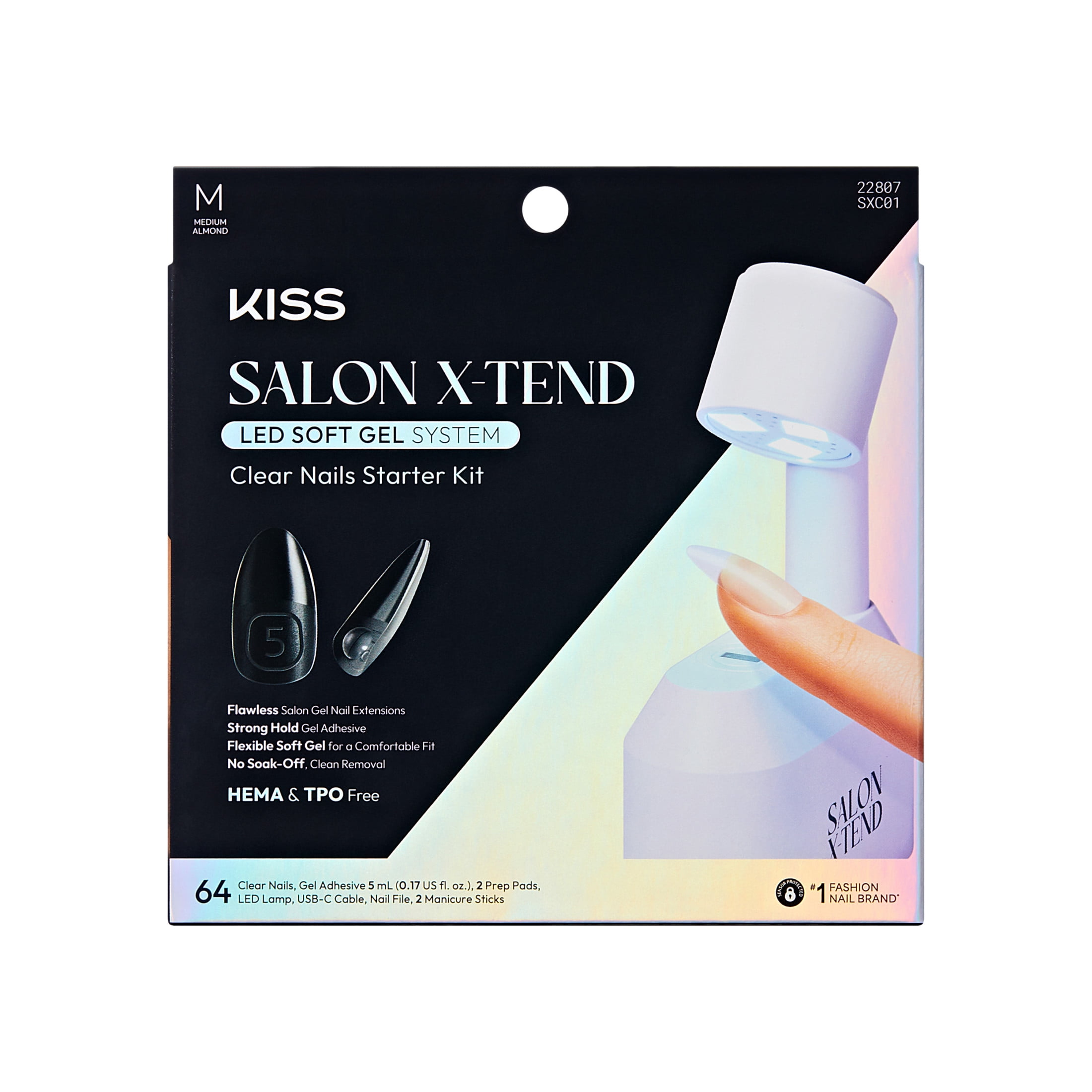 Salon X-tend LED Soft Gel System Clear Nails Starter Kit, Medium Almond, 64 Count