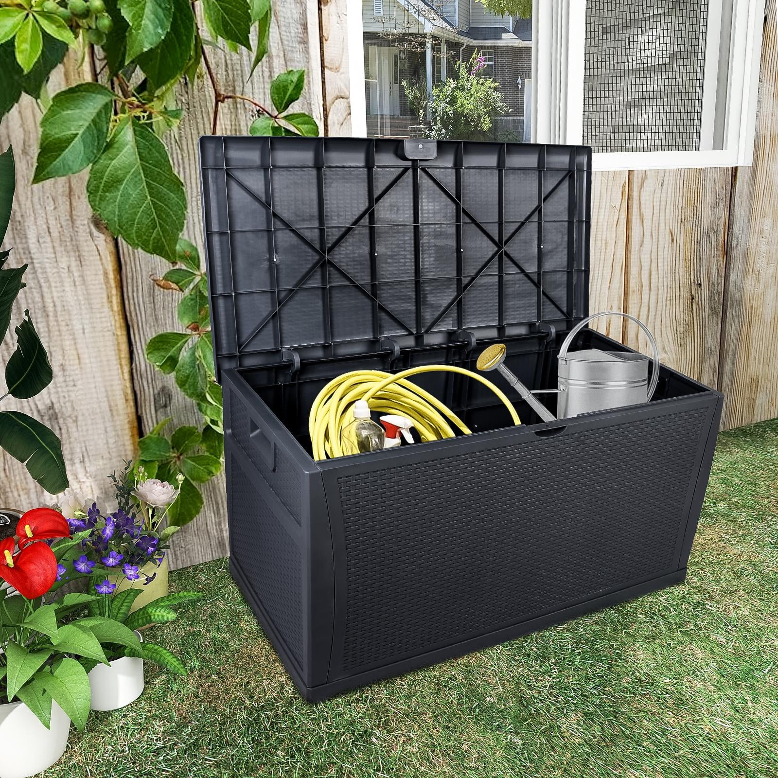 Black Lockable Wicker Plastic Outdoor Deck Box, 120 Gallon
