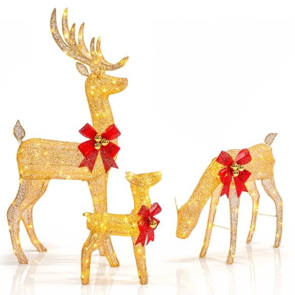 SalonMore 3-Piece 4Ft Lighted Christmas Reindeer Family, Gold Fabric-Covered Deer Set with 210 LED Warm White Lights, Animated Nodding & Turning Heads, 30V Yard Decor