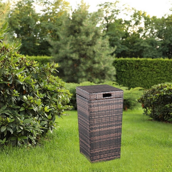 SalonMore 32 In Square Patio Waste Basket Brown Wicker, Space Saver Compact Garbage