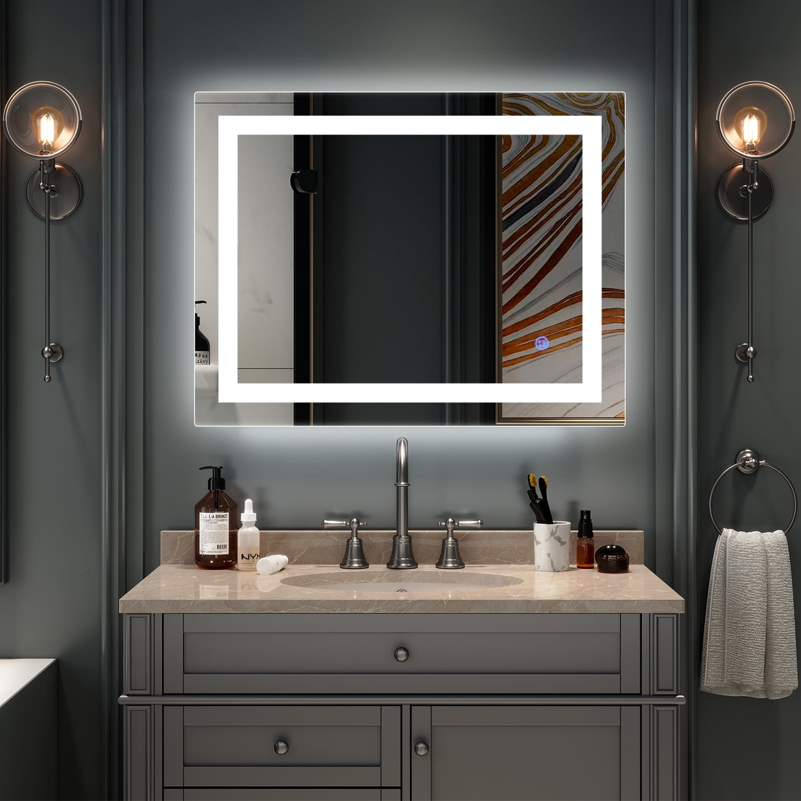 SalonMore 32 x 24 Rectangle Wall Mounted Lighted Vanity Mirror LED Bathroom Mirror W Touch Anti Fog and IP67 Waterproof Silver