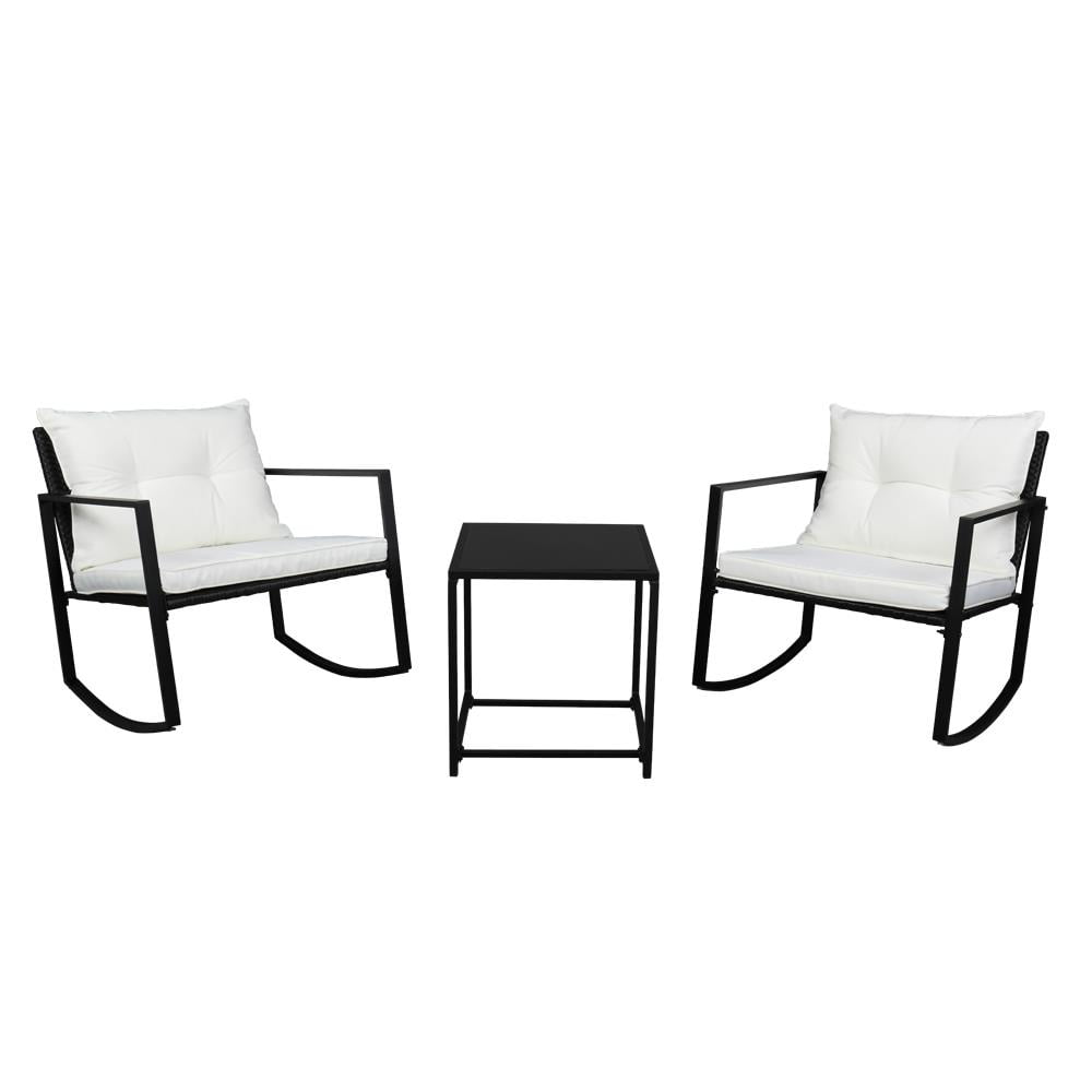 Black and White Wicker Rocking Chair Set with Glass Table