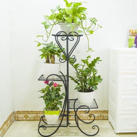 SalonMore 4-Tier Stripe Pattern Square Panel Metal Flower Pot Rack Plant Display Stand Shelf Holder Decor