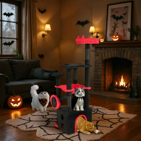 SalonMore 53in Gothic Cat Tree, Multi-Level Tower with Padded Perch, Condo & Scratching Posts, Red & Black