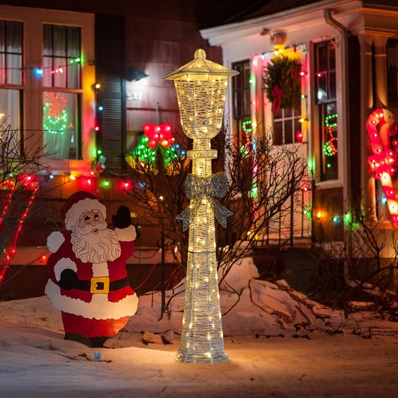 SalonMore 5ft Lighted Lamp Post, Pre-Lit Christmas Decor with Bowknot & Warm LEDs for Outdoor Indoor Use