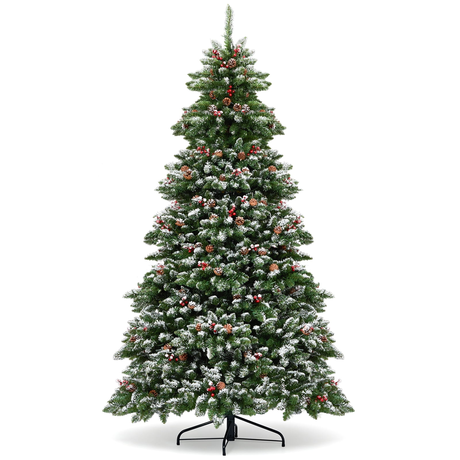 SalonMore 7.5FT Prelit Flocked Christmas Tree, Snowy Pine Cones & Red ...