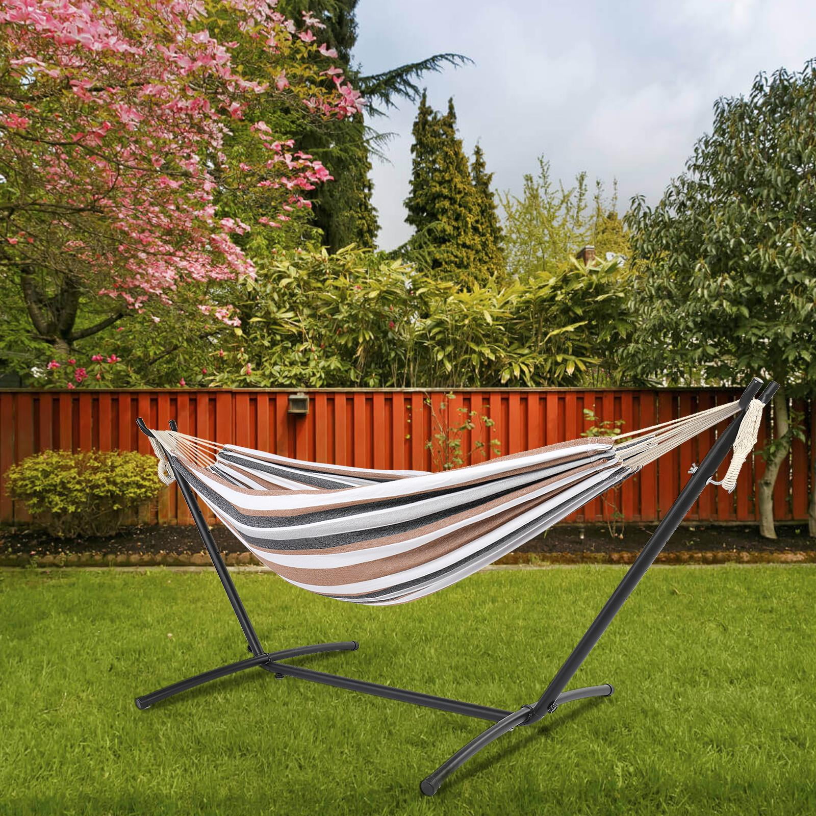 SalonMore Adjustable Portable Hammock Stand Double Polyester Hammock Set w/ Steel Stand & Portable Bag Coffee SalonMore Adjustable Portable Hammock Stand Double Polyester Hammock Set w/ Steel Stand & Portable Bag Coffee