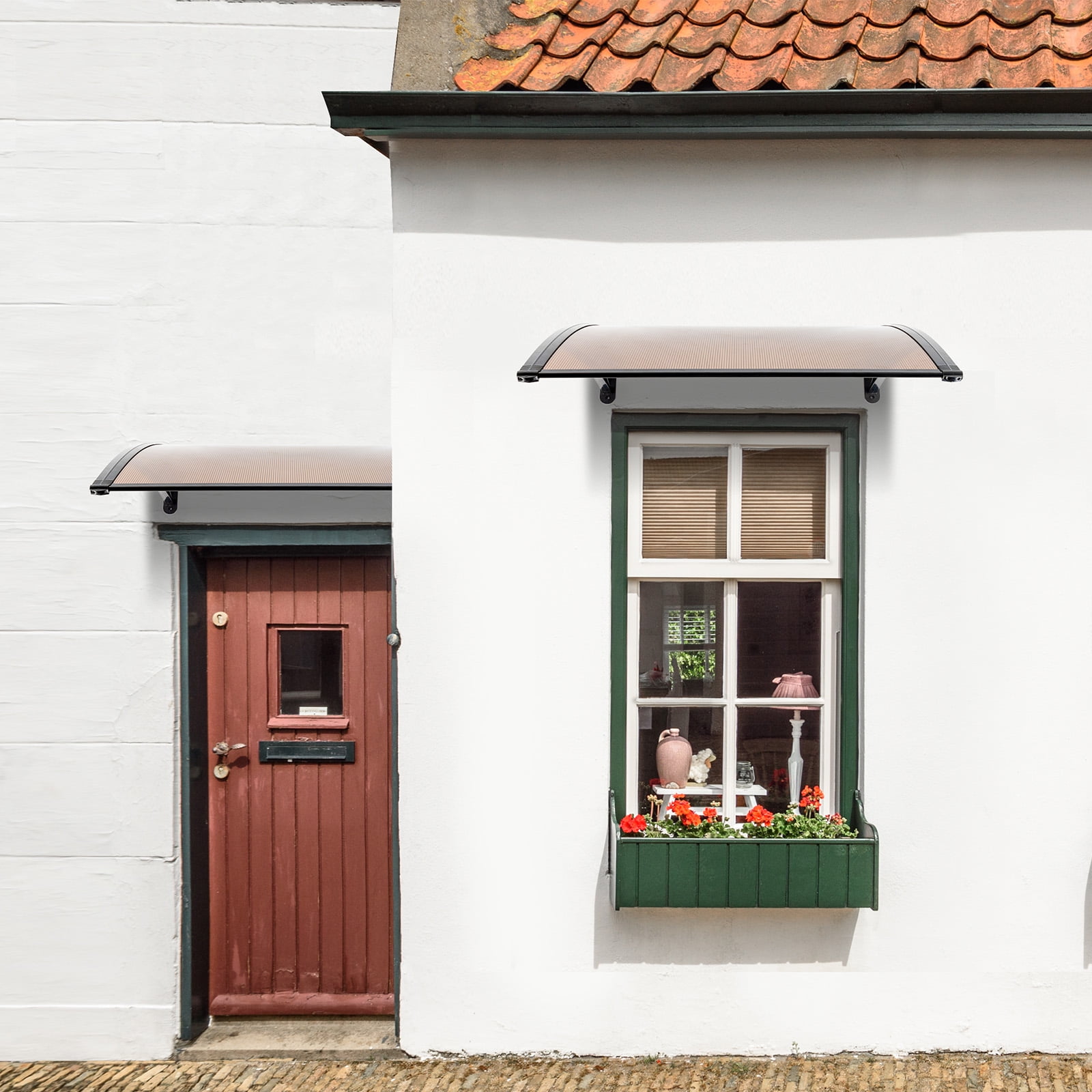 SalonMore Door Awning Door Patio Canopy Rain Snow Protection 39"x 35" Brown & Black Bracket