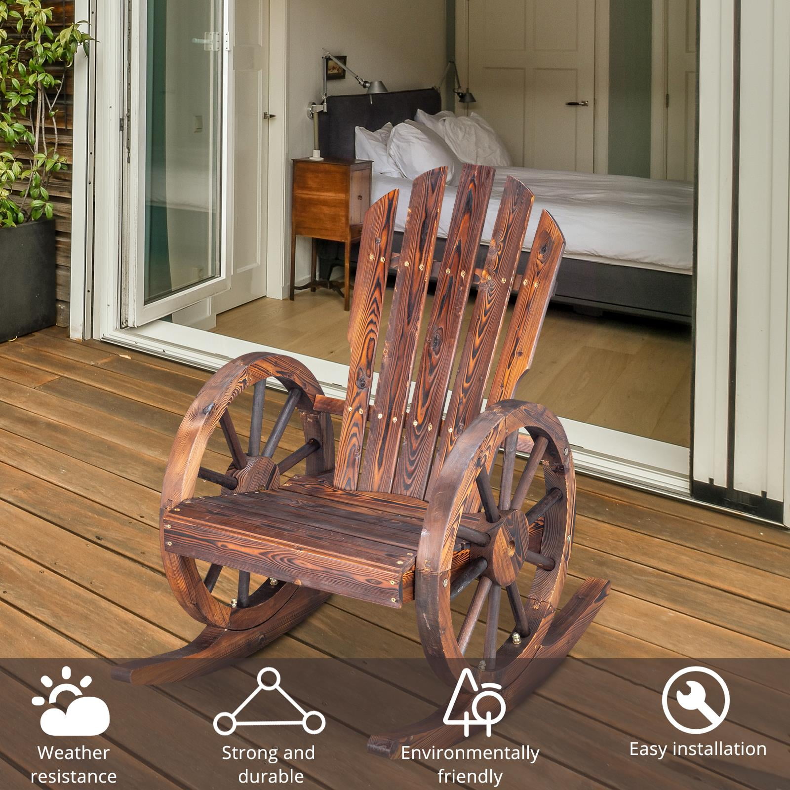 SalonMore Garden Wood Wagon Rocking Chair with Wheel Armrest for Patio Country Yard Lawn