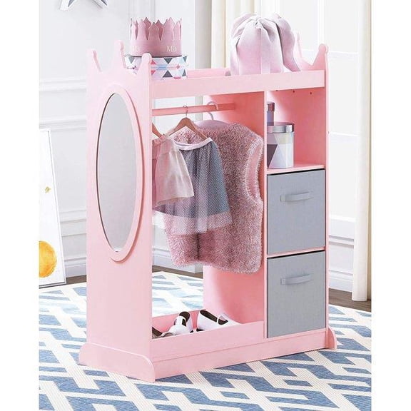 SalonMore Kids Dress up Storage with Mirror and Storage Bin,Kids Armoire Dresser with 2 drawers, Costume Closet for Kids, Pretend Storage Closet for Child,Costume Storage Dresser Pink