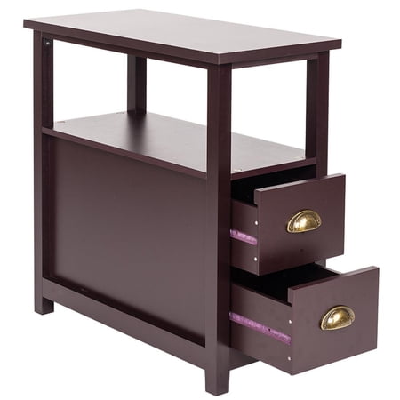 SalonMore Narrow Double-tier Nightstand End Table With Two Drawers And Shelf,Coffee