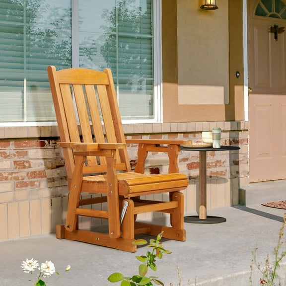 SalonMore Outdoor Swing Glider Chair,1-Person Patio Wooden Glider Bench with Cup Holder,Light Brown