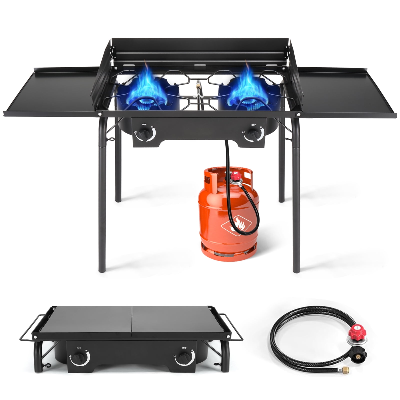 SalonMore Portable Outdoor Propane 15,0000 BTU 2-Burner Camping Stove with Removable Legs, Wind Panels,Regulator