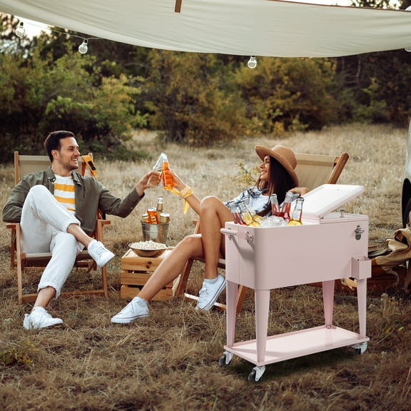 SalonMore Rolling Cooler 80QT Frozen Warm Function with Shelf Pink