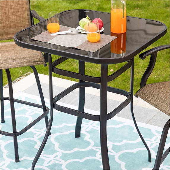 SalonMore Square Glass 32" Dining Table Brown, Outdoor Glass Bar Table w/ Iron Frame, Patio Table for All Weather, Brown