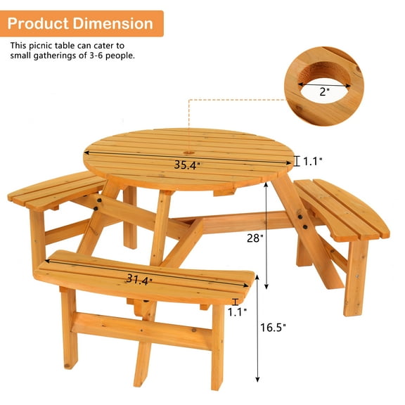 SalonMore Woode Picnic Table Set, Round Table with 3 Benches for Outdoor and Indoor, Patio Table Set for Park, Porch, Garden