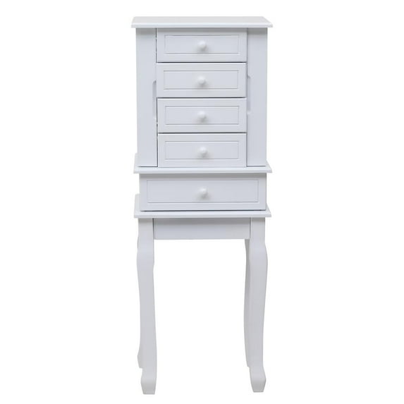 SalonMore Wooden Standing Jewelry Armoire Cabinet with Mirror, 5 Drawers ,14 Necklace Hooks (White)