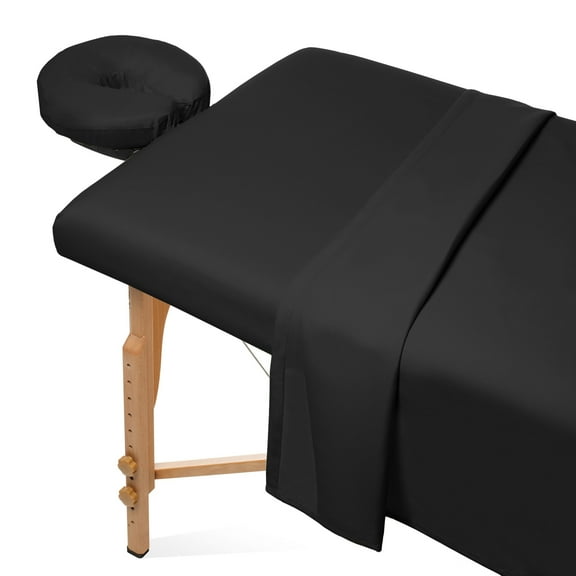 Saloniture 3-Piece Microfiber Massage Table Sheet Set - Premium Facial Bed Cover - Includes Flat and Fitted Sheets with Face Cradle Cover - Black