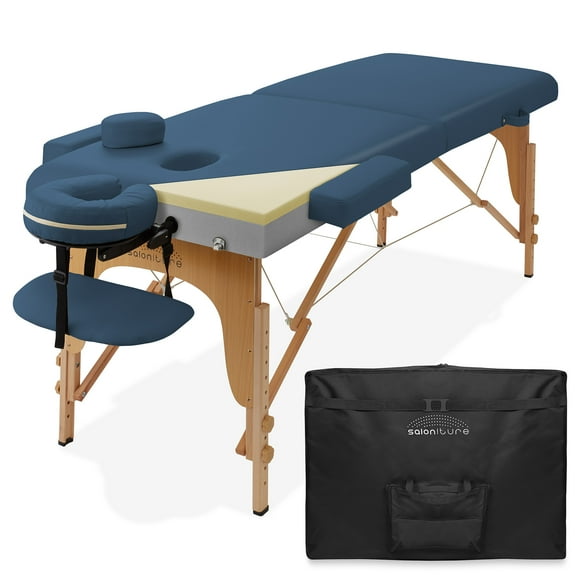 Saloniture Professional Memory Foam Folding Massage Table - Portable with Carrying Case, Blue