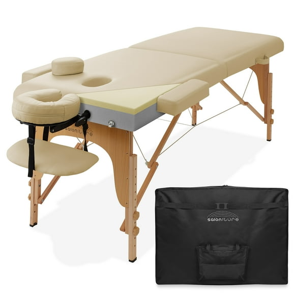 Saloniture Professional Memory Foam Folding Massage Table -  Portable with Carrying Case, Cream