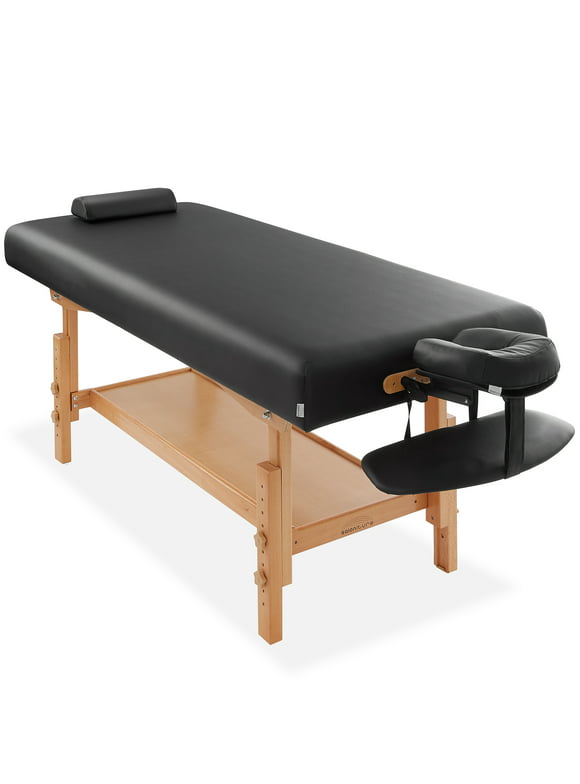 Saloniture Professional Stationary Massage Table  - Includes Shelf, Headrest, Face Cradle and Bolster - Black
