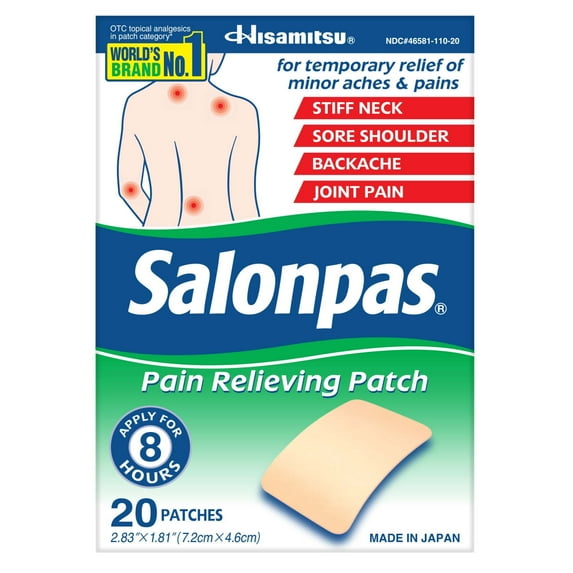 Salonpas 8 Hour Pain Relief Patch with Camphor 3.1% & Menthol 6% for Back & Muscles, 20 Count