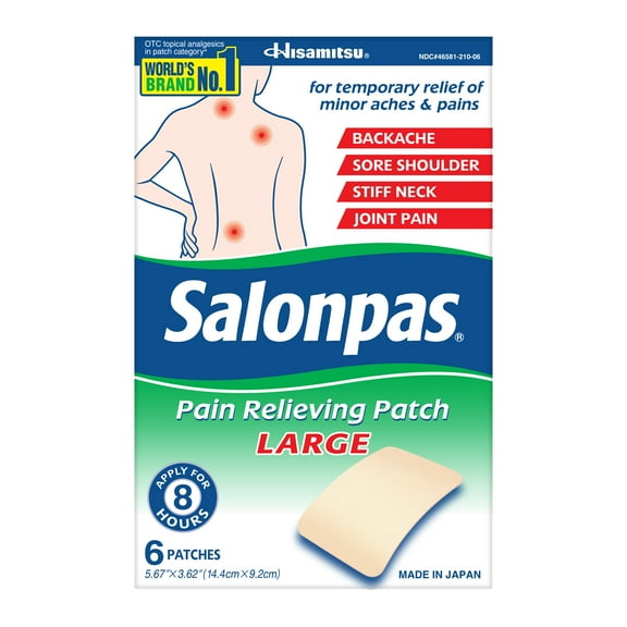 Salonpas 8 Hour Pain Relief Patch with Camphor 3.1% & Menthol 6% for Back & Muscles, Large, 6 Count