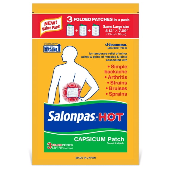 Salonpas Hot Capsicum Patch, topical analgesic for backache, arthritis, strains, bruises, sprains, 32 count