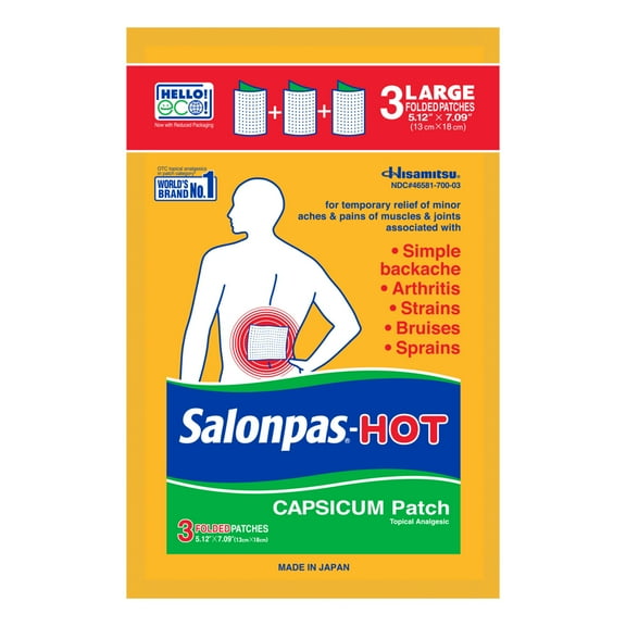 Salonpas Hot Large, Unscented Pain Relief Patch with Capsicum, Topical Analgesic, 3 Count