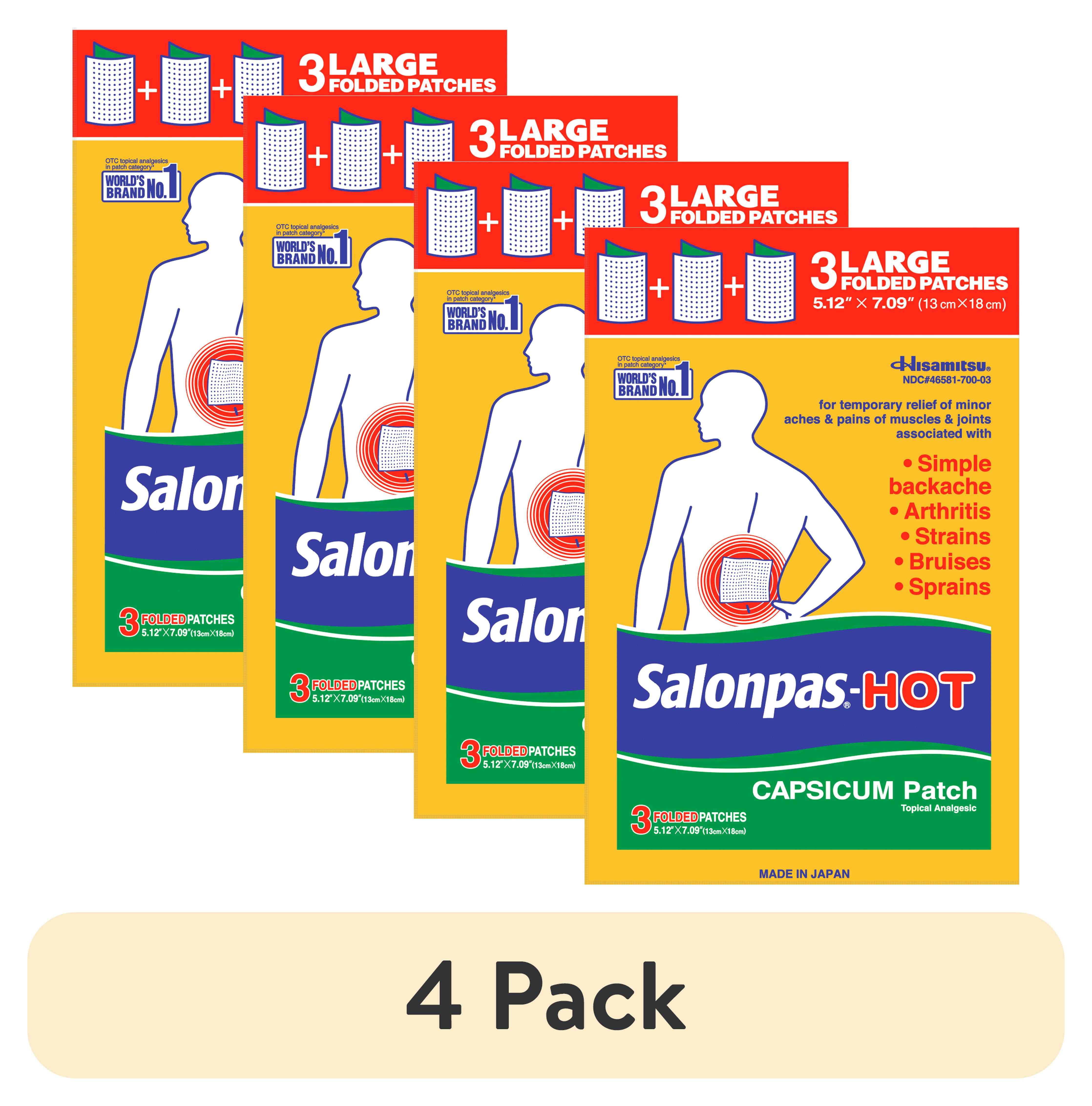 (4 pack) Salonpas Hot Large, Unscented Pain Relief Patch with Capsicum