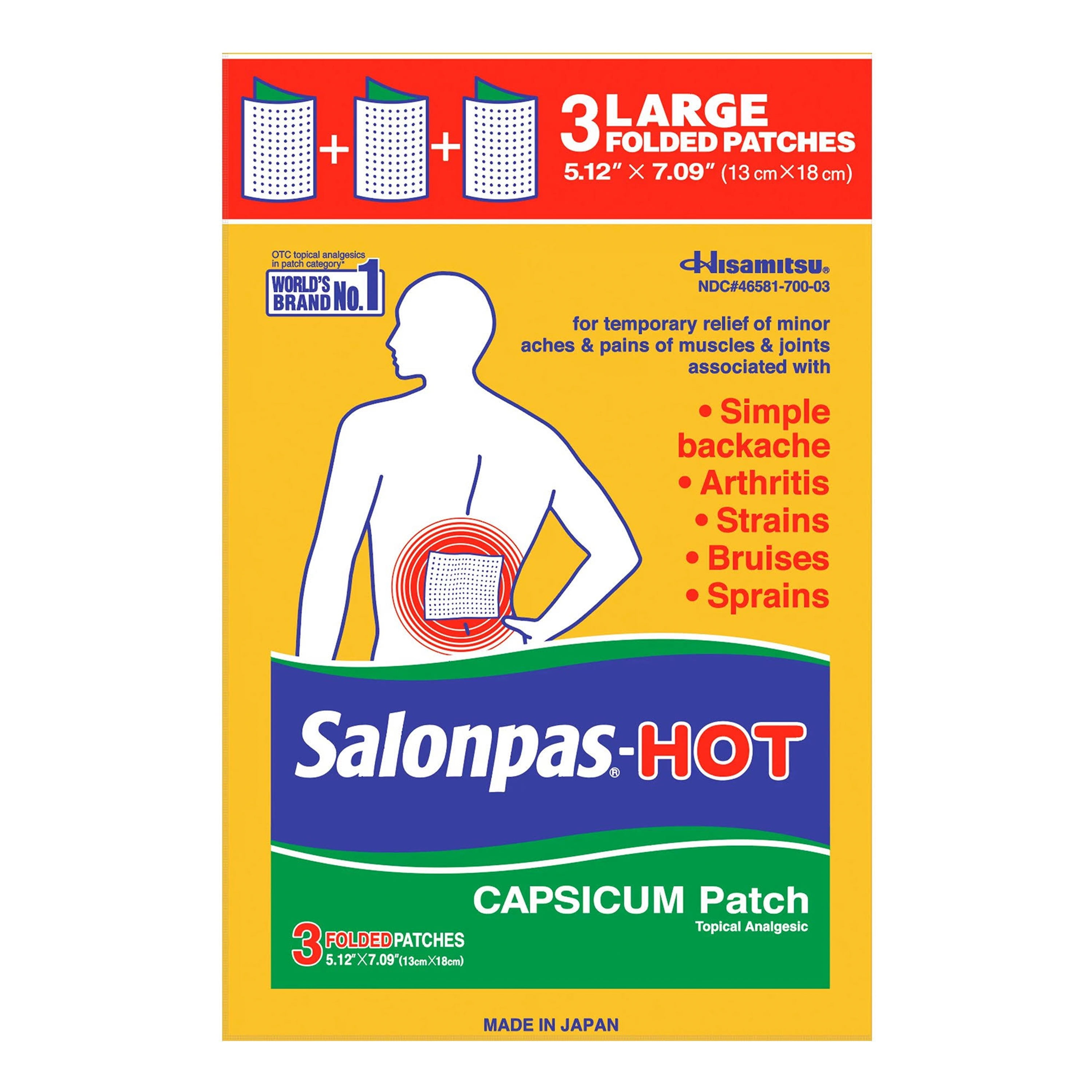 Salonpas Hot Large, Unscented Pain Relief Patch with Capsicum, Topical Analgesic, 3 Count