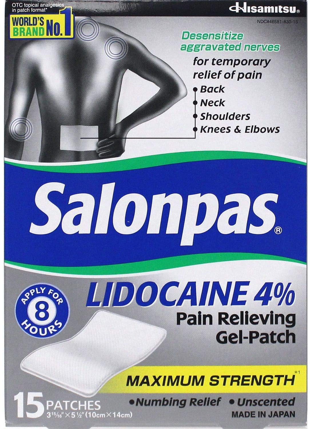 Salonpas Licodaine Pain Relieving Maximum Strength Gel Patch 15 Patches - 2 Pack
