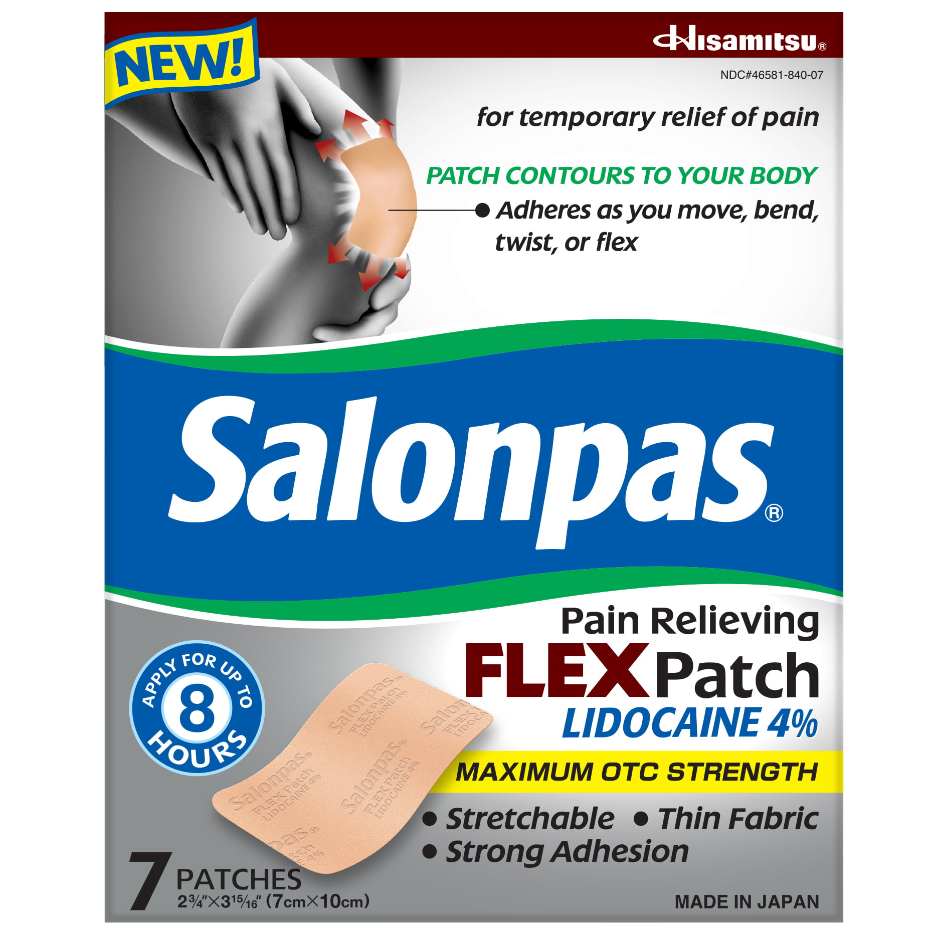 Salonpas Lidocaine 4% Pain Relief FLEX Patch, Unscented, Stays in Place, 7 Patches - image 1 of 9
